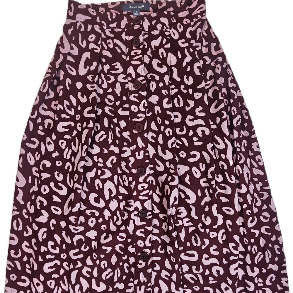 ModCloth Skirt‎ Womens 2 Burgundy Pink Leopard Pleated Button Front A Line